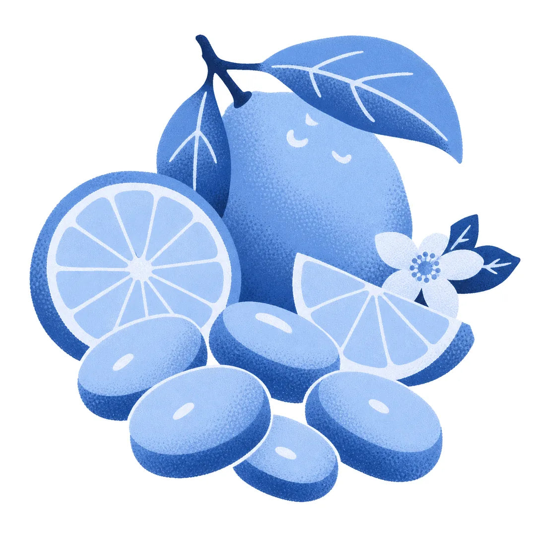 Illustration of a lemon, its slices and Maison Ratti boiled sweets