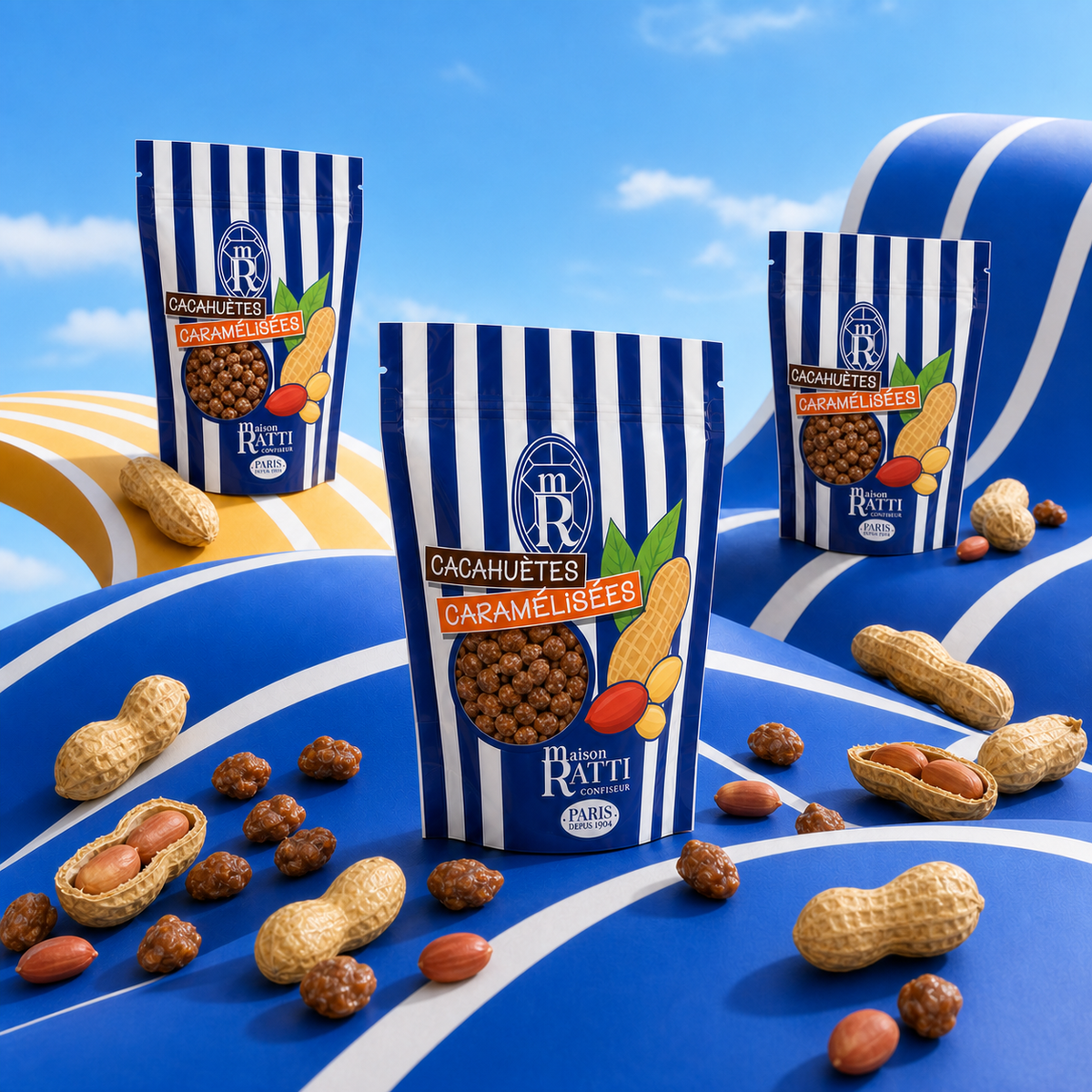 Chouchou cacahuète de Maison Ratti, en scène sur fond bleu