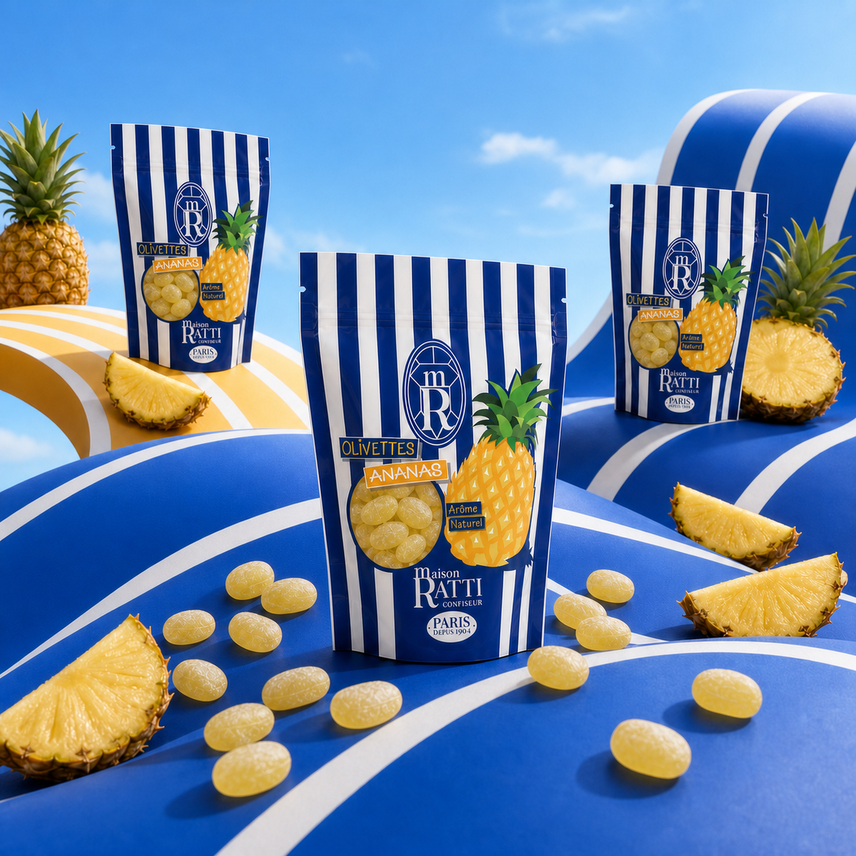 Maison Ratti Olivette Pineapple, styled on a blue backdrop