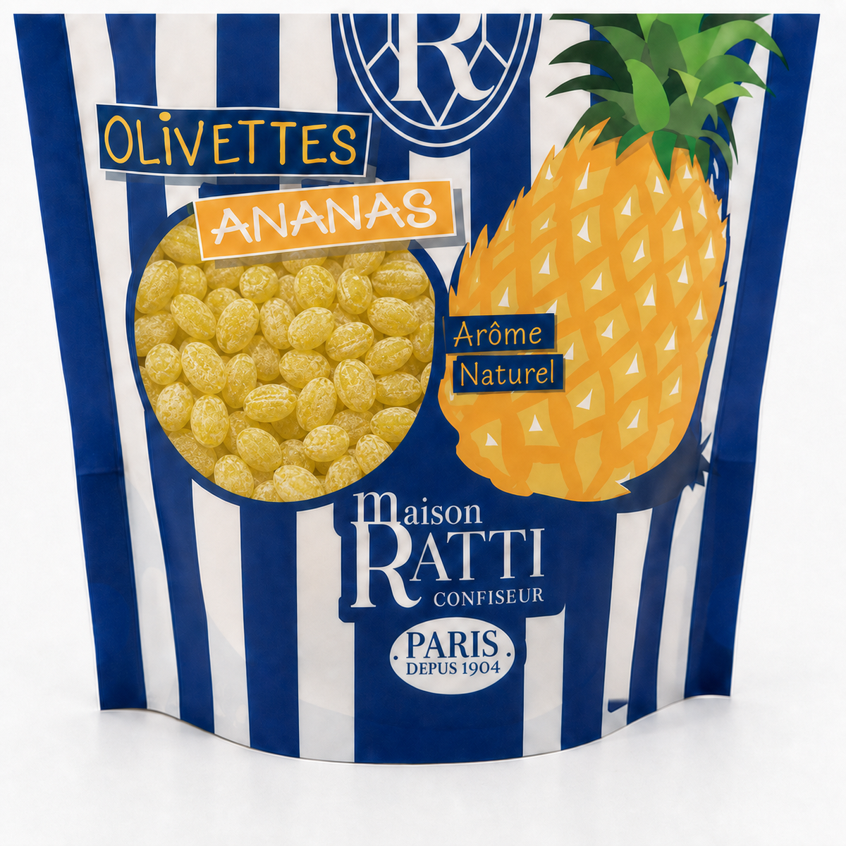 Maison Ratti Olivette Pineapple, close-up of the pouch window