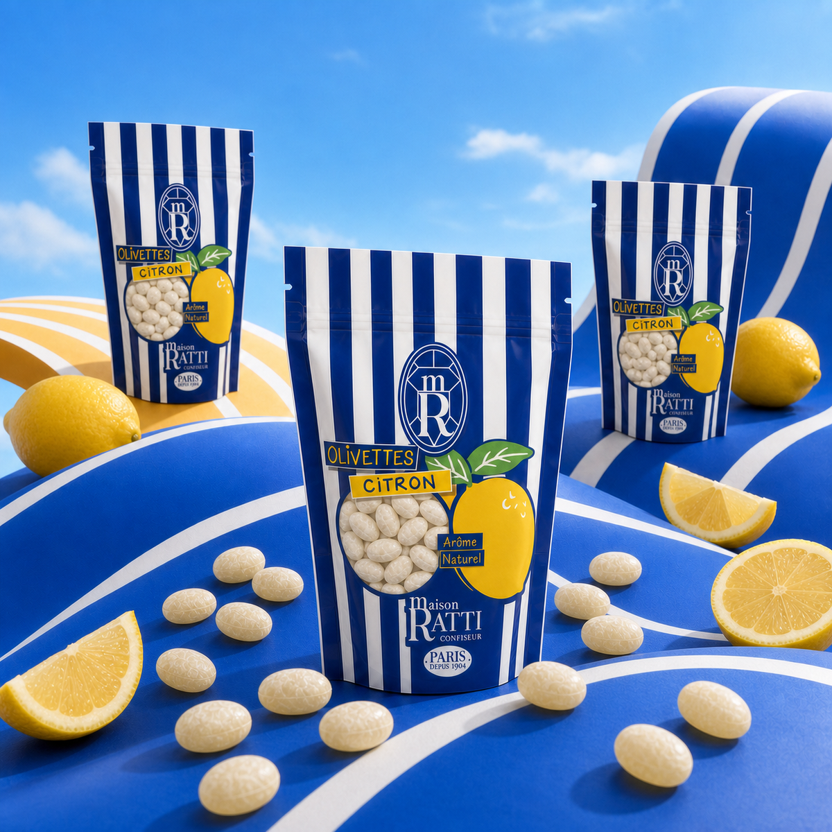 Maison Ratti Olivette Lemon, styled on a blue backdrop