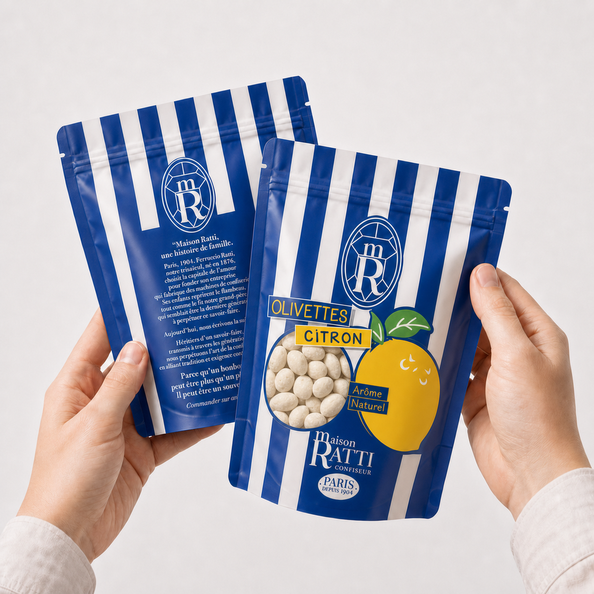 Maison Ratti Olivette Lemon, held in the hands