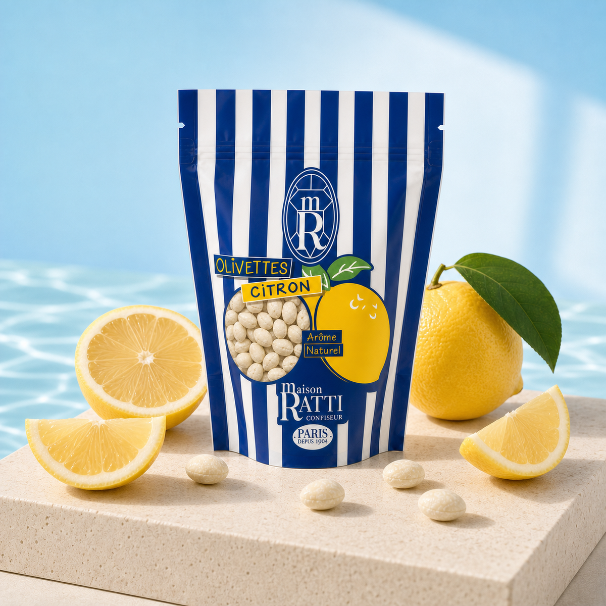 Maison Ratti Olivette Lemon, styled on an illuminated plinth