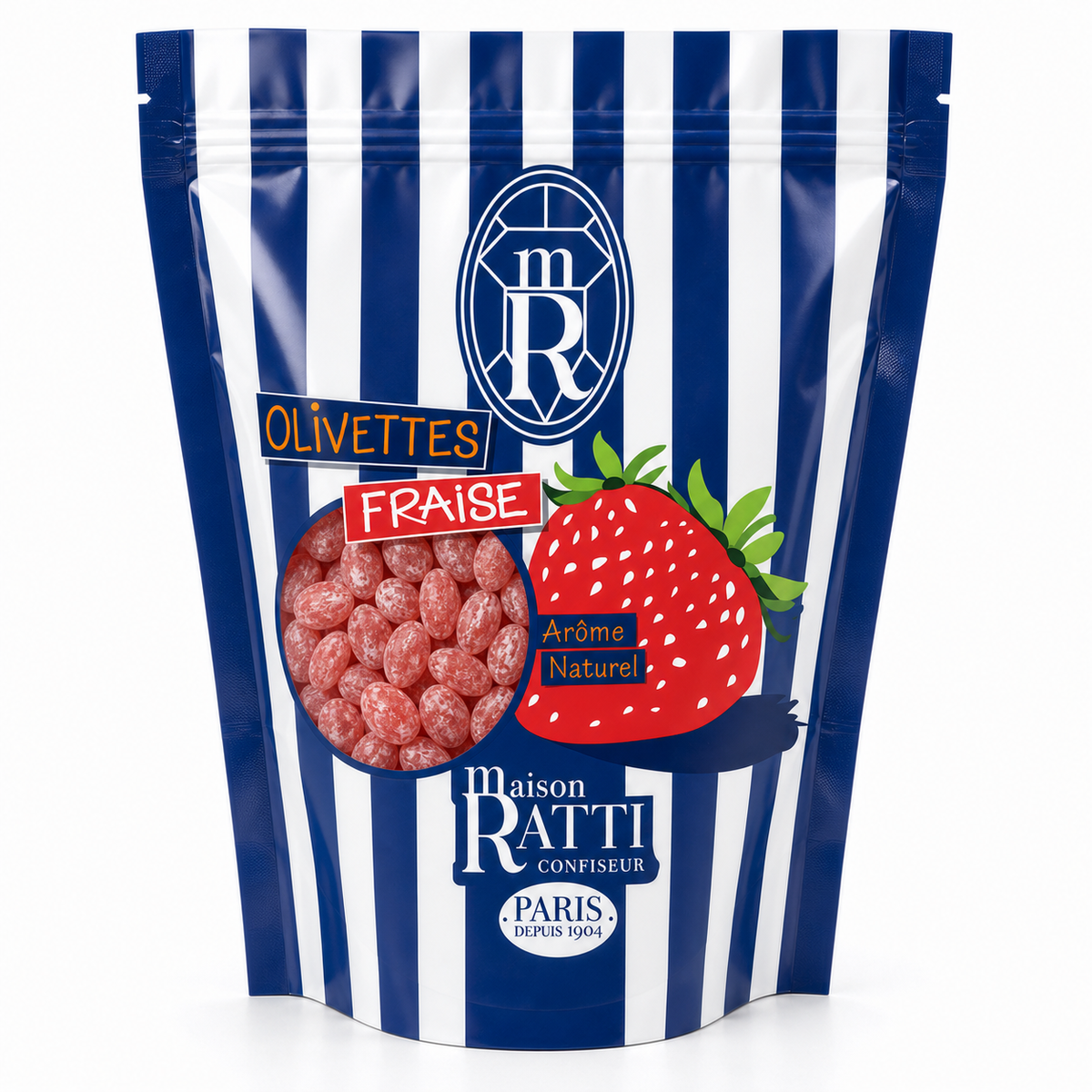 Olivette fraise de Maison Ratti, gros plan sur la fenêtre du sachet