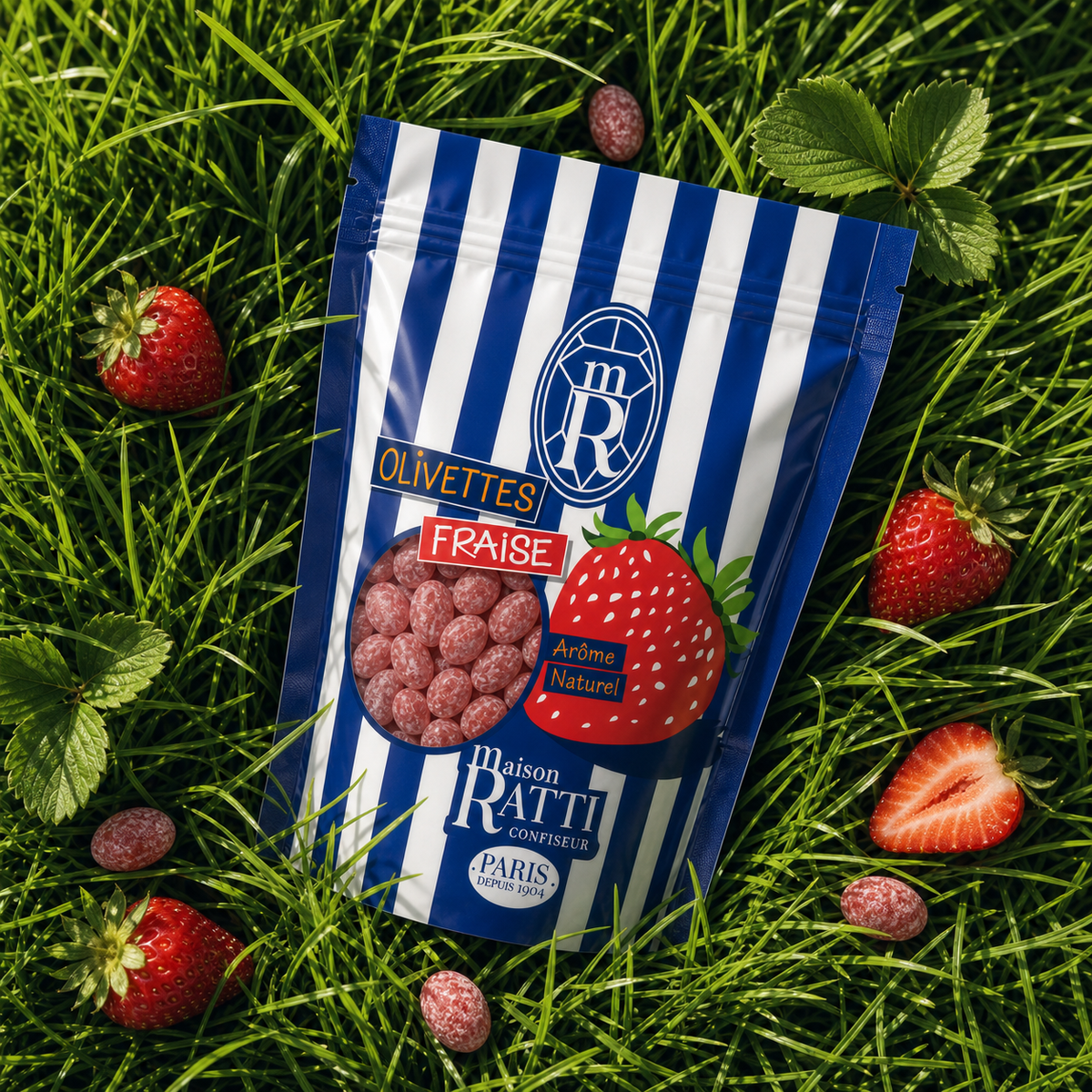 Olivette fraise de Maison Ratti, en scène, vue de dessus