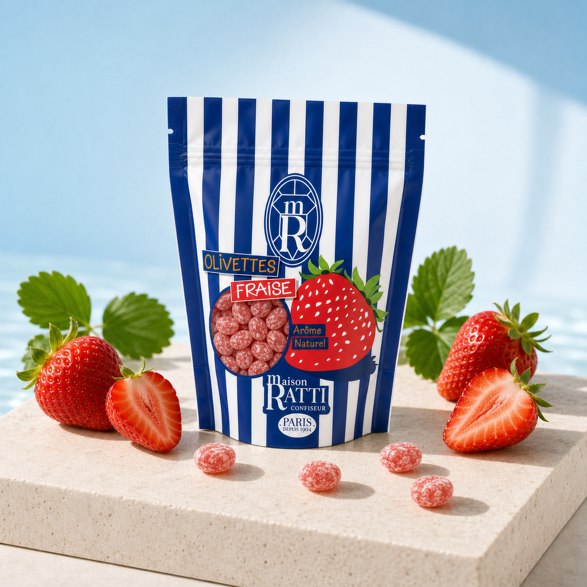 Olivette fraise de Maison Ratti, en scène sur socle lumineux