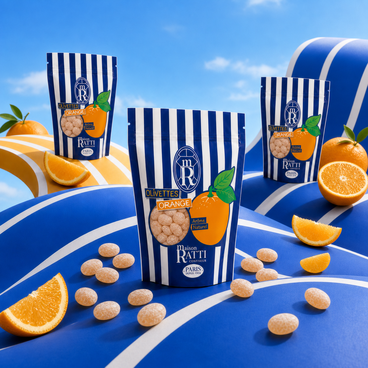 Maison Ratti Olivette Orange, styled on a blue backdrop