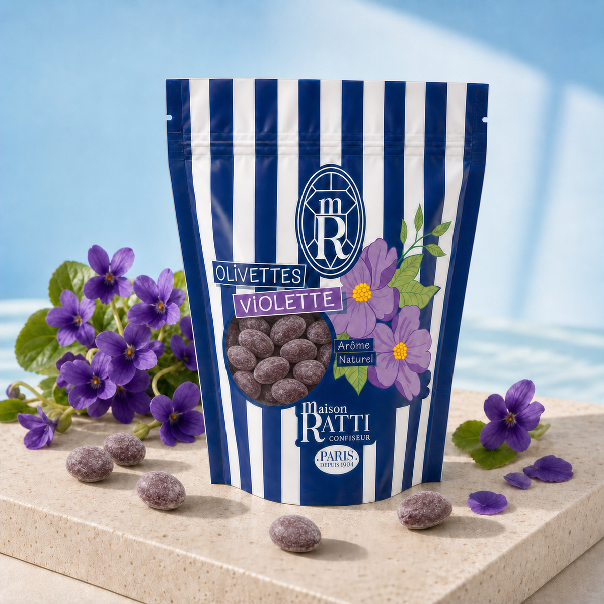 Maison Ratti Olivette Violet, styled on an illuminated plinth