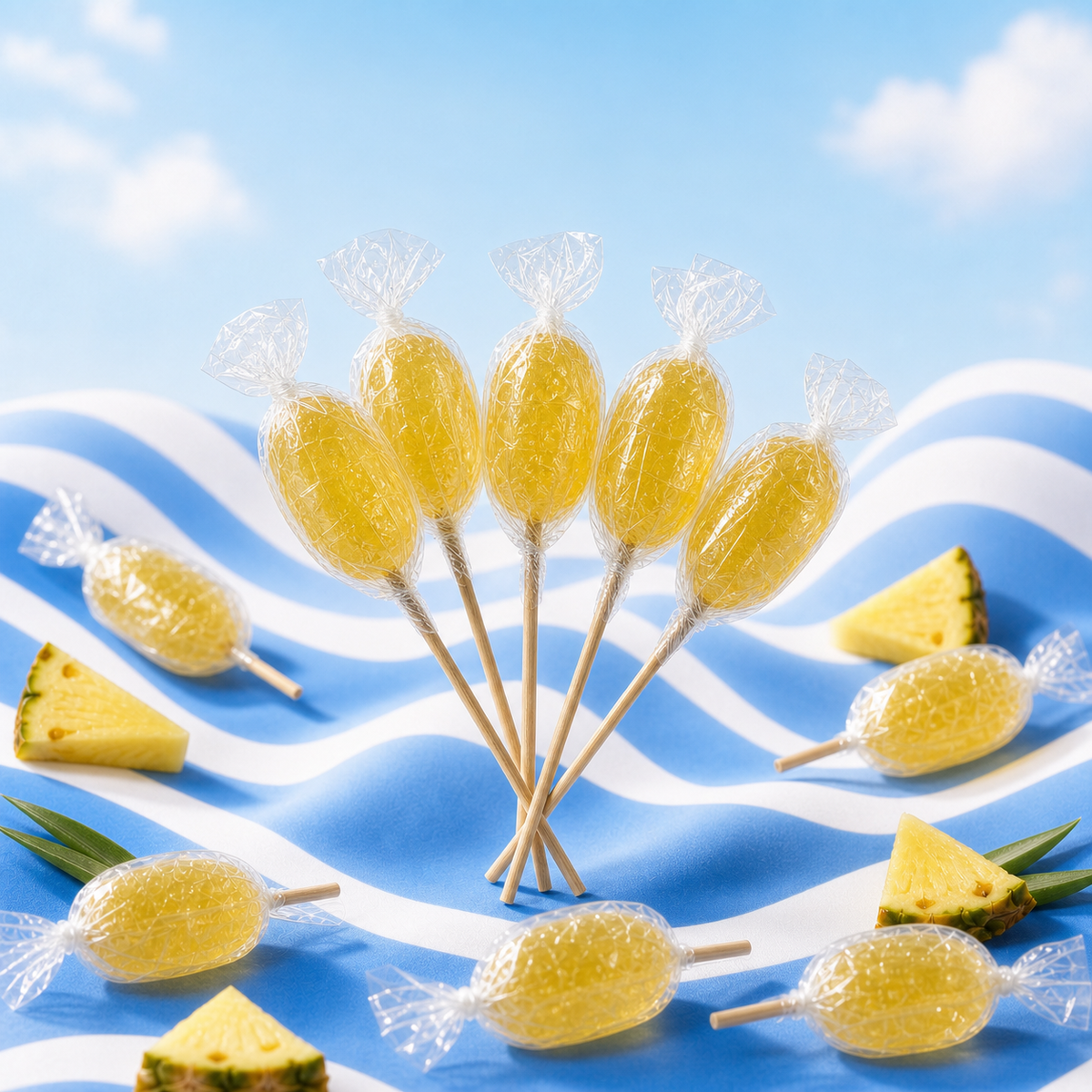 Maison Ratti Pineapple Lollipop, styled on a blue backdrop