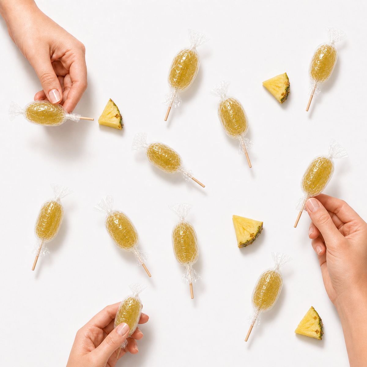 Maison Ratti Pineapple Lollipop, pouches in a styled scene