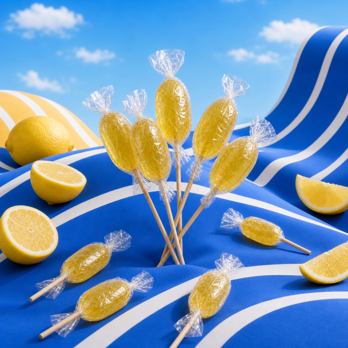 Maison Ratti Lemon Lollipop, styled on a blue backdrop
