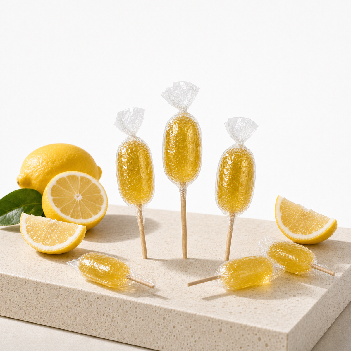 Maison Ratti Lemon Lollipop, styled on an illuminated plinth