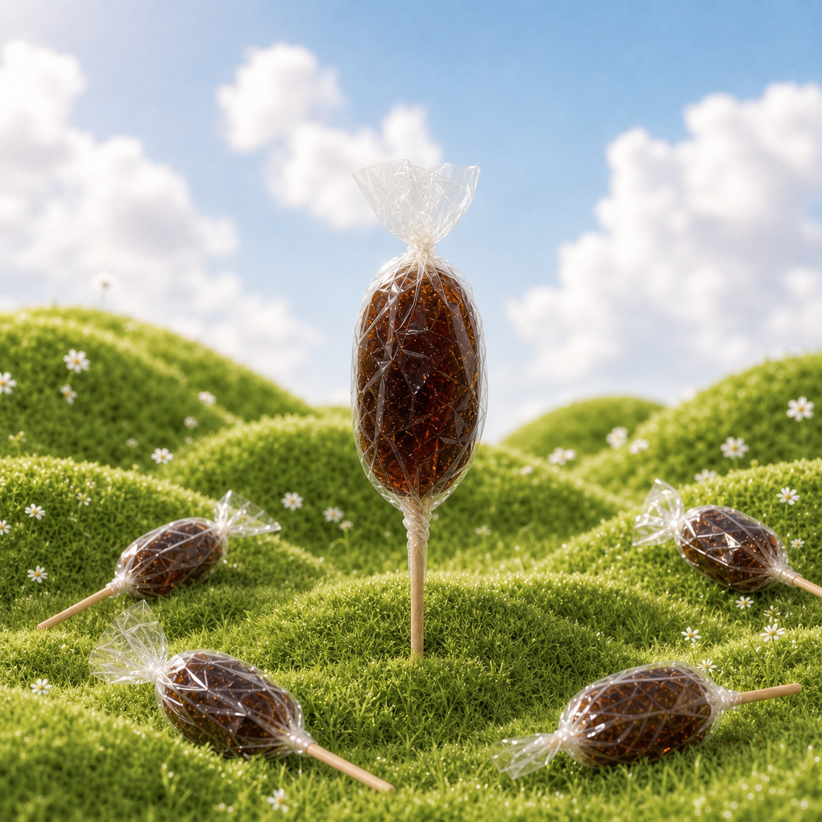 Maison Ratti Cola Lollipop, styled on a natural backdrop