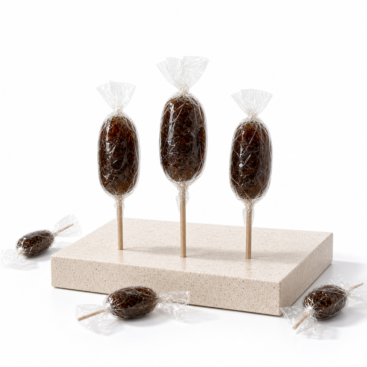 Maison Ratti Cola Lollipop, styled on an illuminated plinth