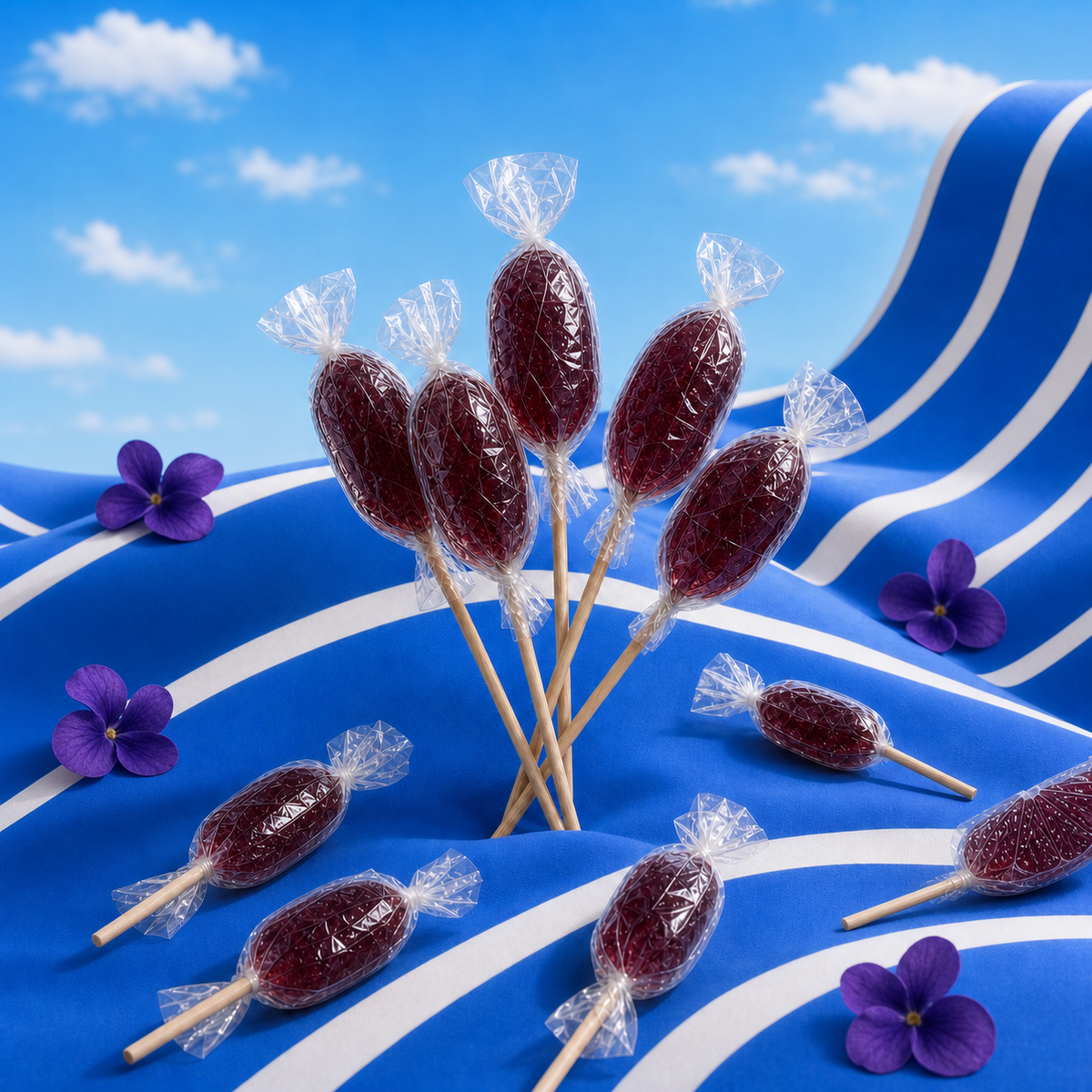 Maison Ratti Violet Lollipop, styled on a blue backdrop