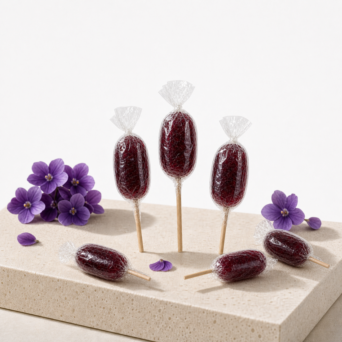 Maison Ratti Violet Lollipop, styled on an illuminated plinth