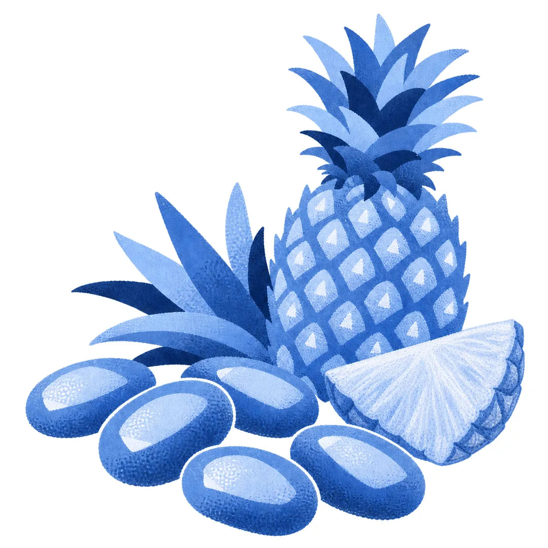 Illustration of a pineapple, its slice and Maison Ratti boiled sweets